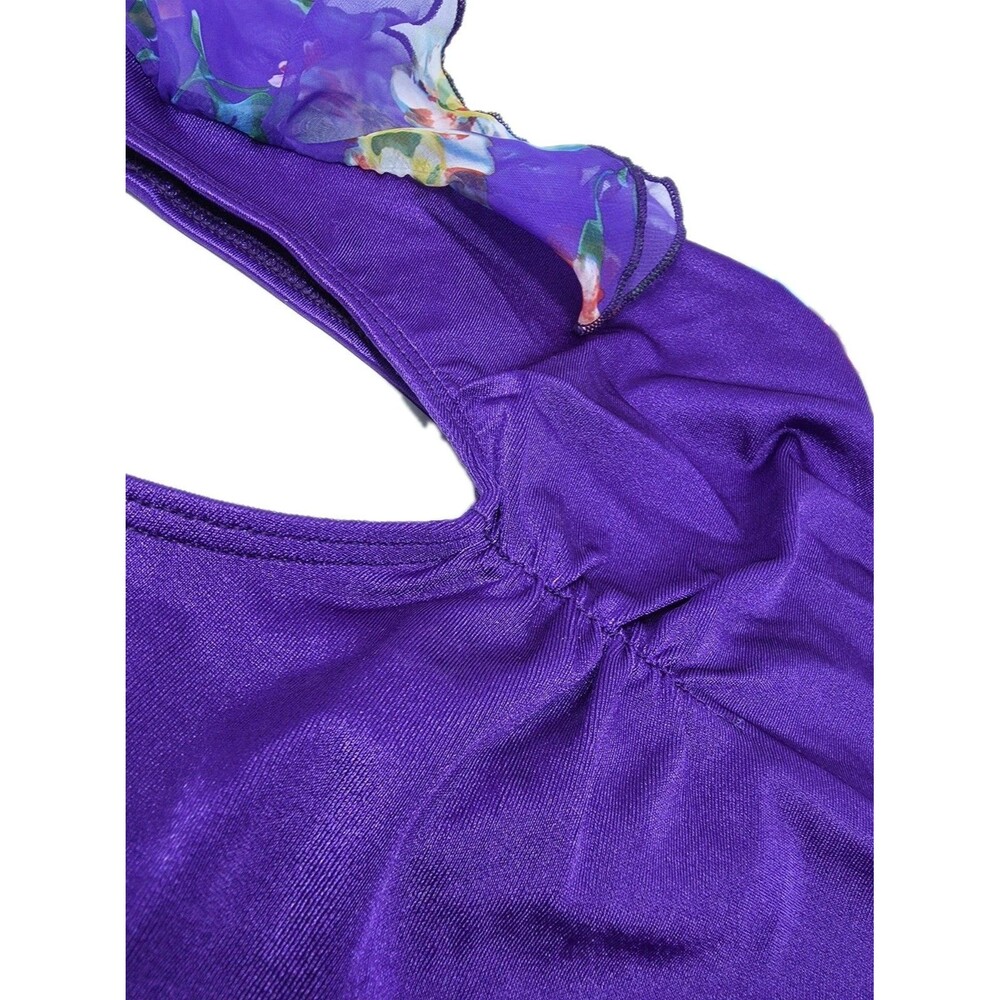 Body Wrappers VTG Royal Purple Chiffon Ruffle Lycra Unitard Biketard Kids 12/14 - Picture 5 of 12